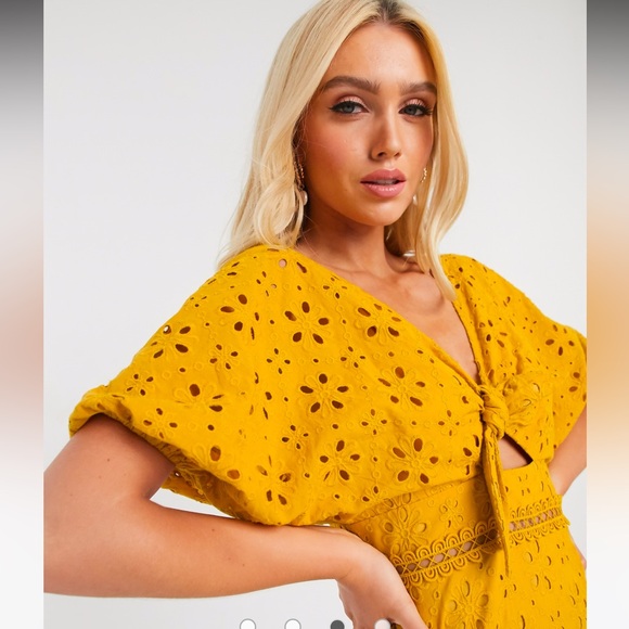 ASOS DESIGN broderie knot front maxi dress in mustard NWT, Size US 2 - Picture 2 of 11
